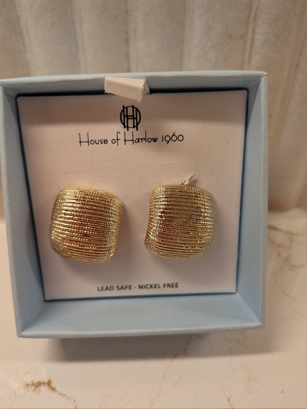 House of Harlow 1960 Gold Textured Cushion Earrings, New In Box